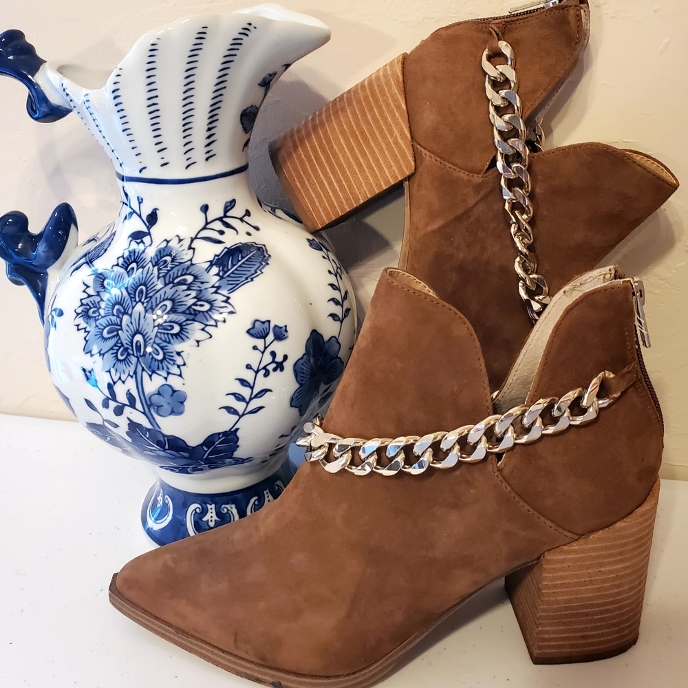 Steve Madden Cedar Suede Leather Booties Chain Pointed Toe Brown Sz 7.5